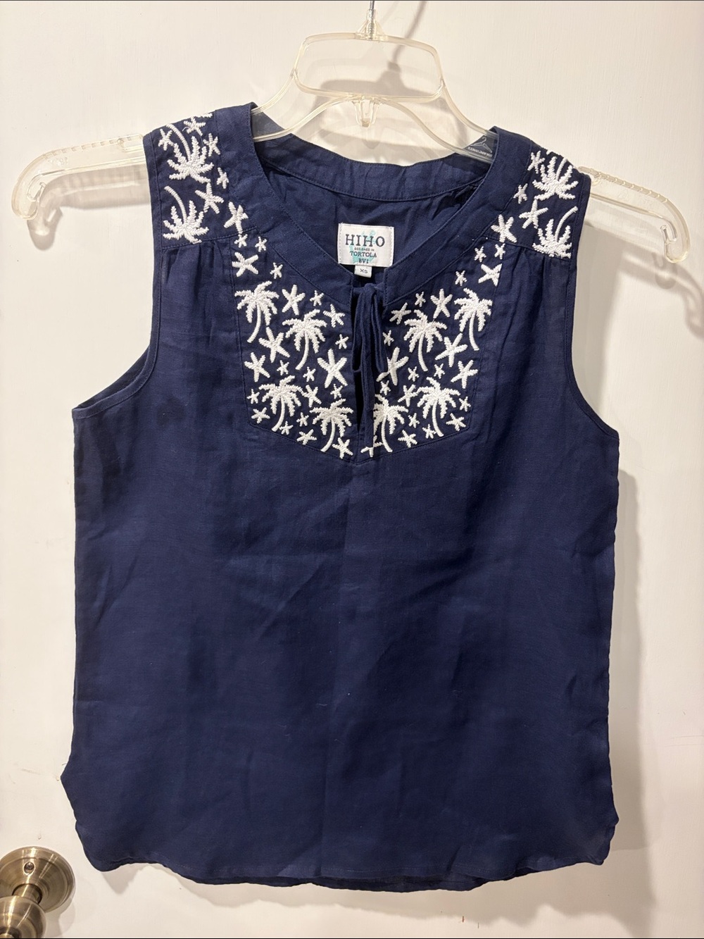 Hiho Navy Sleeveless Embroidered Shell Top XS linen